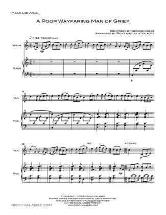 A Poor Wayfaring Man of Grief sheet music for Piano and Violin, page 1