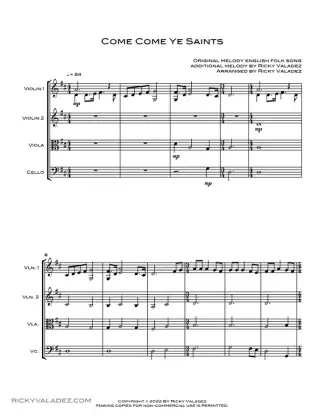 Come, Come, Ye Saints sheet music for 2 Violins, Viola and Cello, page 1