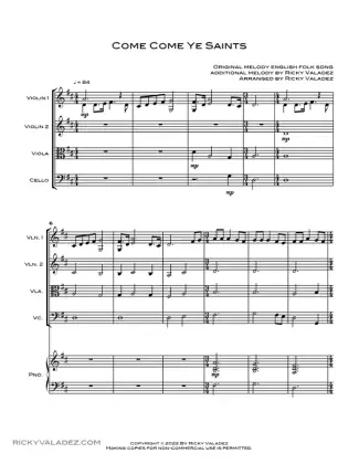 Come, Come, Ye Saints sheet music for Piano, 2 Violins, Viola and Cello, page 1