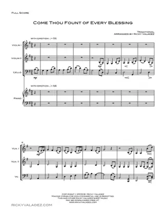 Come Thou Fount of Every Blessing sheet music for Piano, 2 Violins and Cello, page 1