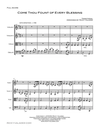 Come Thou Fount of Every Blessing sheet music for 2 Violins, Viola and Cello, page 1