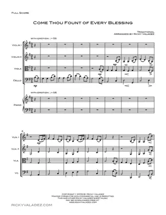 Come Thou Fount of Every Blessing sheet music for Piano, 2 Violins, Viola and Cello, page 1