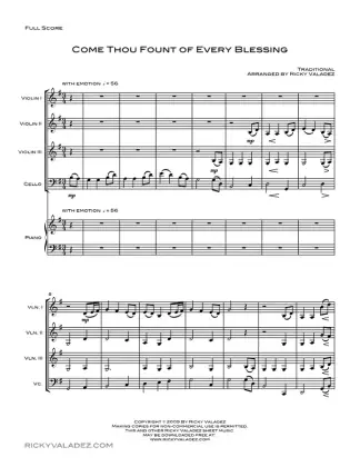 Come Thou Fount of Every Blessing sheet music for Piano, 3 Violins and Cello, page 1
