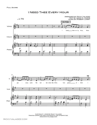I Need Thee Every Hour sheet music for Voice, Piano, and Violin, page 1