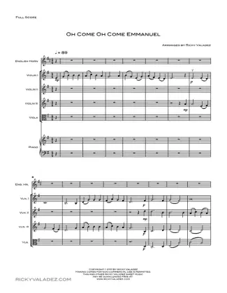 Oh Come Oh Come Emmanuel sheet music for 3 Violins, Viola and English Horn, page 1